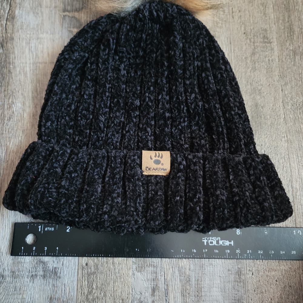 Bearpaw Beanie Women OSFM Black Chenille Faux Fur Pom Ribbed Knit Hat - Picture 2 of 5